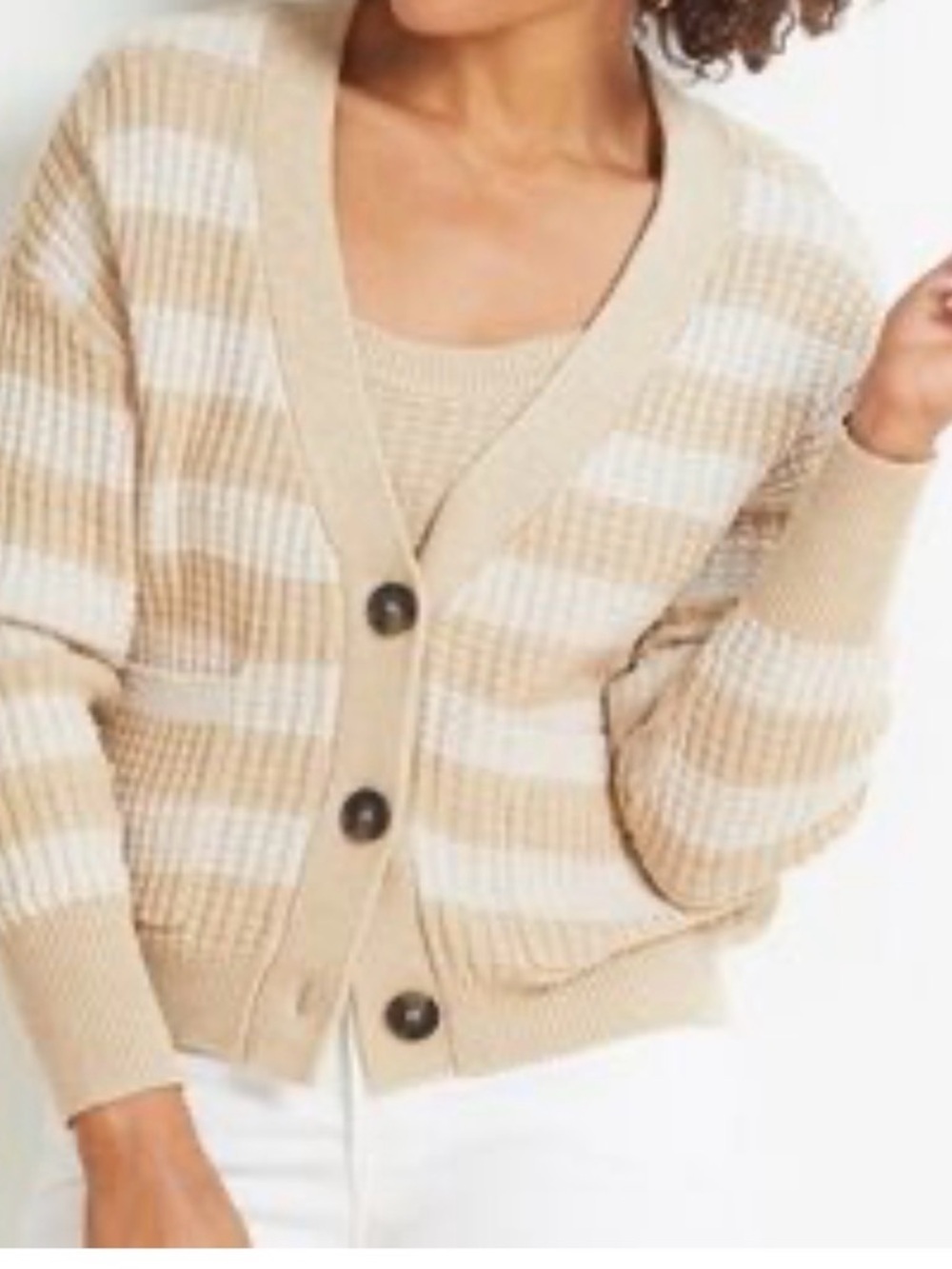 Evereve Beige and White Striped V-Neck Button Cardigan